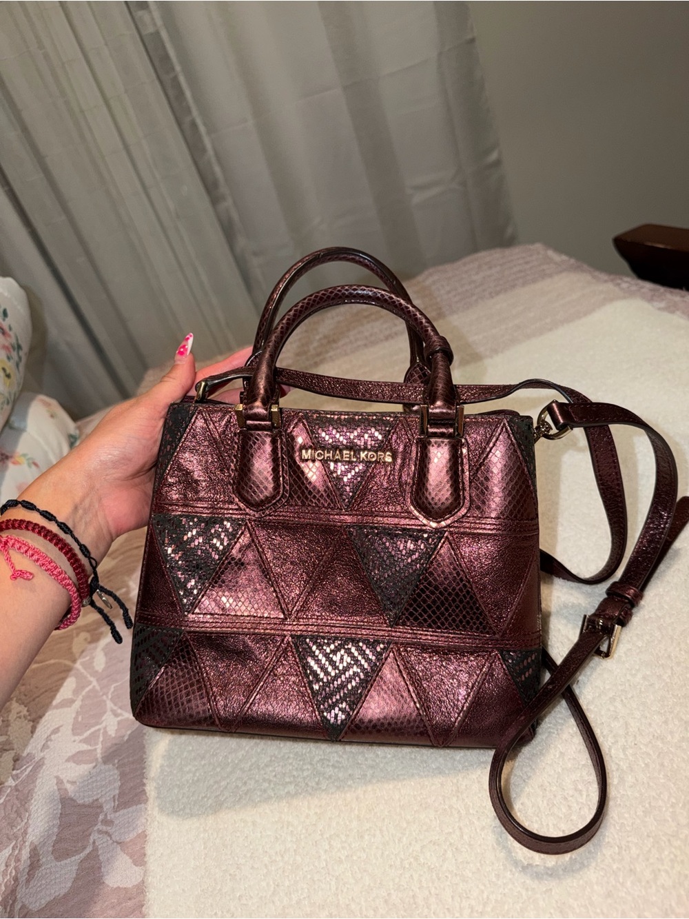 Michael Kors Metallic Plum & Black Geometric Satchel
